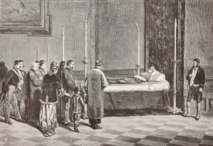 Giacomo Antonelli bíboros holtteste a Vatikán egyik szobájában fekszik, Dante Paolocci rajzából készült metszet a L