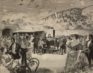 Farsangi parti a Nemzetközi Művészeti Klubban (Circolo Artistico), Róma, Olaszország, metszet Dante Paolocci rajza után, a L