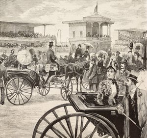 Elegant men and women attending a horse race at the racetrack, Rome, Italy, engraving from a drawing by Dante Paolocci, from L