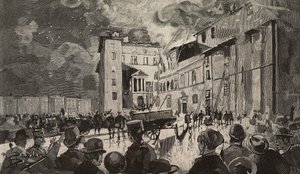 1893-as izraeli iskolák tüze, Róma, Olaszország, metszet Dante Paolocci rajza nyomán, a L
