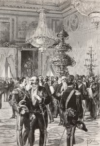 Olasz politikusok és tisztek szilveszterezni a Quirinal palotában, Róma, Olaszország, Centenari metszet Dante Paolocci rajzából, L