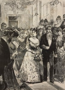 Savoyai Margherita királynő a római Artistic Club (Circolo Artistico) partiján Giulio Monteverde szobrászművész kíséretében (Olaszország), metszet Dante Paolocci rajza után, a L