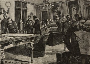 Olvasóterem a Palazzo Montecitorioban, Róma, Olaszország, metszet Dante Paolocci rajza alapján, a L