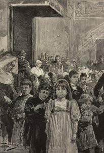 Gyermekek fogadása XIII. Leó pápa jubileumi ünnepségén, Vatikánban, metszet Dante Paolocci rajza után, a L