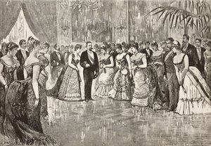 I. Umberto (1844-1900), olasz király és felesége Savoyai Margherita (1851-1926) a Quirinal-palotában, Rómában, Olaszországban, metszet Dante Paolocci rajzából, L