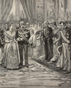 I. Umberto és Savoyai Margherita ezüstlakodalmuk alkalmából tartott koncerten, a Palazzo del Quirinale, Róma, Olaszország, metszet Dante Paolocci rajza után, a L