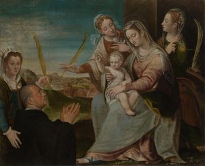 Szűz és gyermek Sants Catherine-nel, Lucyval, Páduai Jusztinával és egy bencés szerzetessel alkotó: Dario Varotari the Elder