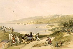 Sidon Libanon felé néz, a „The Holy Land” II. kötet 75. táblája, Louis Haghe (1806-85) kocsma metszetével. 1843 (litó)