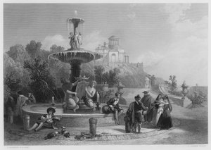 A szökőkút Madridban, a képről a Királyi Gyűjteményben (metszet) alkotó: David (after) Roberts