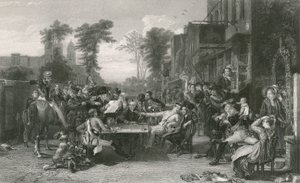 A chelsea-i nyugdíjasok a Waterloo-i csata közlönyét olvassák (metszet)