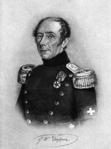 Guillaume-Henri Dufour (1787-1875), svájci tábornok, mérnök, topográfus és a Vöröskereszt Nemzetközi Bizottságának társalapítója portréja, metszet Karl Friedrich Irminger (1813-1863) rajza alapján