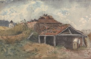 Táj két figurával egy régi épület mellett