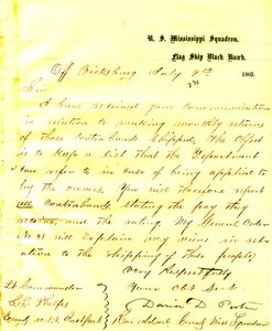 David D. Porter, USA Black Hawk levele Vicksburg mellett, Seth Ledyard Phelpsnek, az Egyesült Államok Eastport parancsnokának, 1863. július 9. alkotó: David D. Porter