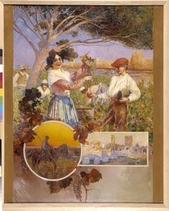 Aigues Mortes (Aigues-Mortes), Arles, a Camargue: egy fiatal nő mutat egy gyönyörű szőlőfürtöt, amelyet most szedett egy szőlőből. David Dellepiane (1866-1932), pointillizmus. Kötelező említés: Collection fondation regards de Provence, Marseille (cm 1
