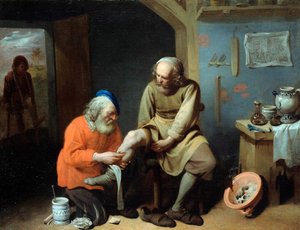 ""Le architekturn de village"" (A falu sebésze) David Ryckaert III (Rijckaert) festménye (1612 - 1661) Olaj, vászon, mérete 49,2x64 cm Állami Múzeumok, Berlin