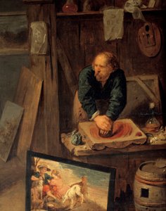 Festőműhely modellpózzal és színcsiszolóval Részlet. David III Ryckaert (1612-1661) festménye, Ec. Nagyzolás