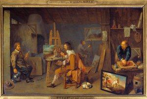 Festőműhely pózoló modellel és színcsiszolóval. David III Ryckaert (1612-1661) festménye, Ec. Nagyzolás