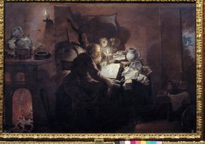 Az alkimista a műtermében. David Ryckaert III (Rijckaert) festménye (1612 - 1661) Ec. Nagyzolás.