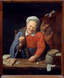 Az arany mérleg. Egy öregasszony kismérleggel méri az aranydarabokat, míg alul egy vaddisznófejű férfi tárolja a táskákat a szekrényben. David III Ryckaert festménye (1612-1661) Ec. Nagyzolás.
