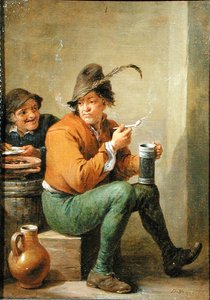 Egy paraszt, aki egy kőedénykancsót és egy agyagpipát tart (olaj a panelen) alkotó: David III Teniers