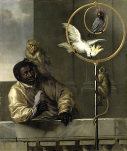 Fekete ember papagájokkal és majmokkal, 1670