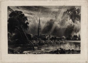 Salisbury-i székesegyház, 1832 körül (mezzotint fehér krétával fektetett papíron) alkotó: David Lucas