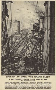 Egy csatahajó üzemanyagot vesz fel a tengeren, I. világháború (litho) alkotó: David Muirhead Bone