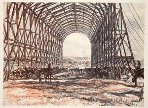 Egy istálló a nyugati fronton, illusztráció a Country Life Ltd. által kiadott "The Western Front" című könyvből. alkotó: David Muirhead Bone