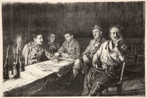 Gordon Highlander tisztek étkezdéje, illusztráció a Country Life Ltd. által kiadott "The Western Front" című könyvből. alkotó: David Muirhead Bone