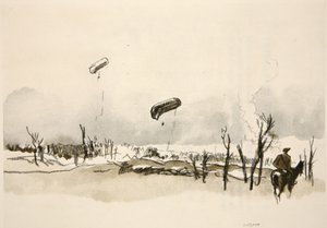A Somme-on: kolbászos lufik, illusztráció a Country Life Ltd. által kiadott "The Western Front" című könyvből. alkotó: David Muirhead Bone