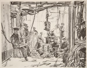 Tengerészek egy csatahajón, akik lőszert készítenek a hadsereg számára, illusztráció a "The Western Front" című, a Country Life Ltd. által kiadott kiadványból. alkotó: David Muirhead Bone