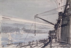 Searchlight at Scapa Flow (akvarell, papír) alkotó: David Muirhead Bone