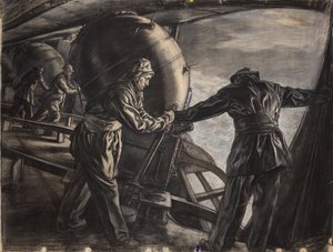 Tanulmány az Izland melletti téli aknafektetéshez, 1942 körül (szén és színes kréta, papír) alkotó: David Muirhead Bone