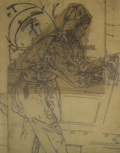 Tanulmány az Izland melletti téli aknafektetéshez, 1942 körül, 6. kép (szénceruza pauszpapírra) alkotó: David Muirhead Bone