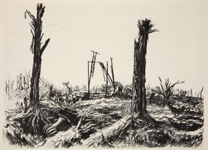A Deniecourt kastély narancsháza, illusztráció a Country Life Ltd. által kiadott "The Western Front" című könyvből. alkotó: David Muirhead Bone