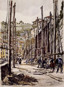 A Tunnyhalászok, Cudillero, Asztúria partvidéke alkotó: David Muirhead Bone