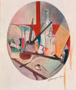 Ovális csendélet palackkal és festőeszközökkel alkotó: David Petrowitsch Sterenberg