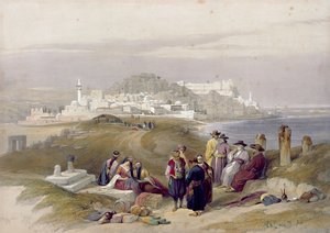 Jaffa, ókori Joppa, 1839. április 16., 61. tábla a „The Holy Land” II. kötetből, Louis Haghe (1806-85) kocsma metszetével. 1843 alkotó: David Roberts