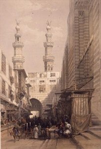 Minaretek és a Metwalisz mecset nagy bejárata, Kairó, "Egyiptom és Núbia", 3. kötet (lithó) alkotó: David Roberts
