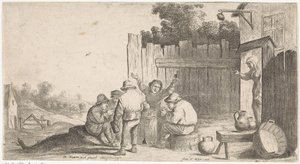 Öt gazda egy tonna körül Szabadtéri műfaji jelenetek (sorozat címe) alkotó: David Teniers (II) (attributed to workshop of)