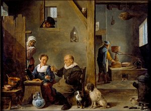 Szeszfőzde egy idős férfival, aki gint vásárol egy nőtől, c1640-1649