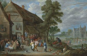 Táncoló parasztok egy percki fogadó előtt, mögötte a Kasteel de Drij Toren alkotó: David Teniers the Younger
