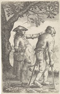 Mankón ülő koldusok egy nővel és egy gyerekkel