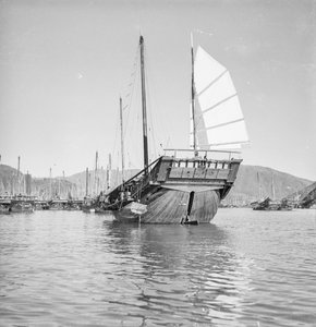 A hongkongi halászhajó 2473HA típusú dzsunka bal oldali negyedének nézete Hongkongban lehorgonyozva. alkotó: David Watkin Waters