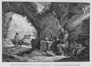 Szent Ferenc elmélkedik a kereszt misztériumáról (litho)