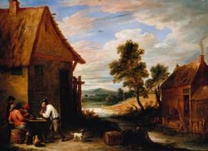 Folyói táj parasztokkal a kocsmán kívül alkotó: David Teniers the Younger
