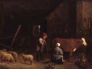 Egy pásztorfiú egy tehénistállóban beszélget egy tejeslánnyal alkotó: David Teniers the Younger