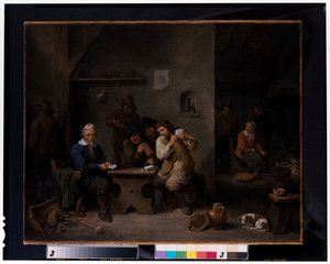Szerencsejátékot játszó figurák egy kocsmában