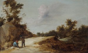 Parasztok pihennek egy ösvényen egy sziklás, erdős tájon alkotó: David Teniers the Younger
