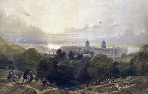 Greenwich (Anglia) látképe, egy nyári estén, a park magaslatáról, hátulról a londoni égbolt.